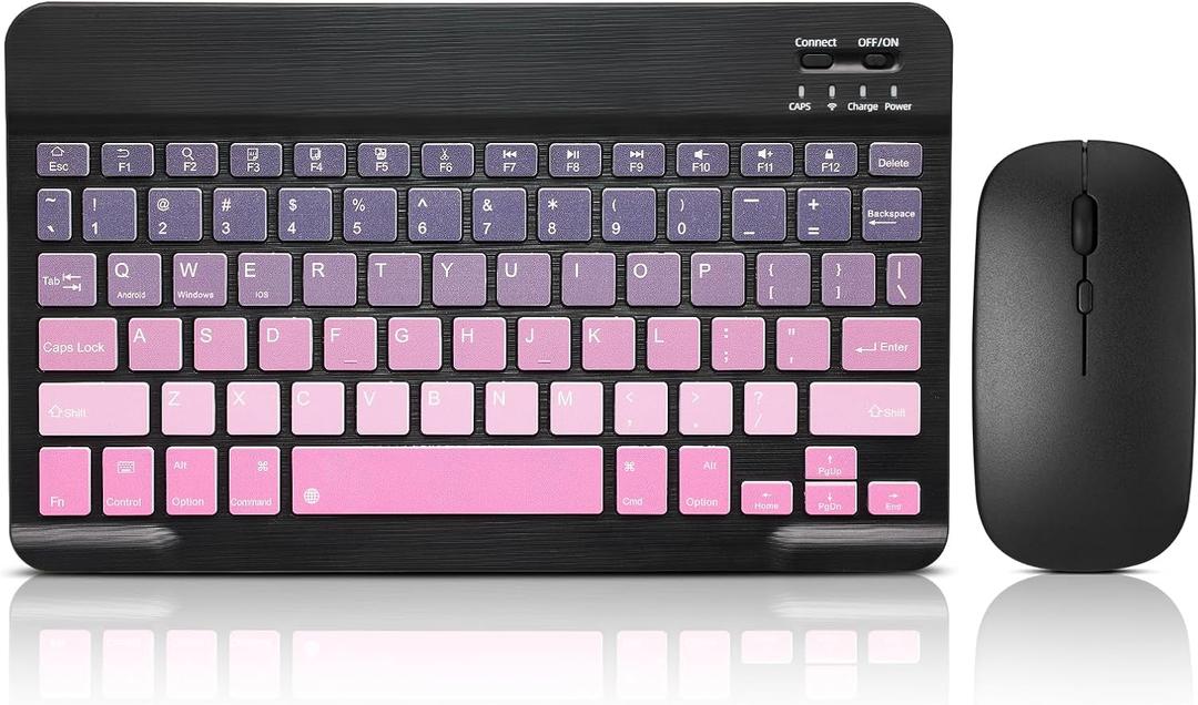 Bluetooth Keyboard and Mouse Combo Rechargeable Portable Wireless Keyboard Mouse Set for Apple iPad iPhone iOS 13 and Above Samsung Tablet Phone Smartphone Android Windows (Gradient Black Pink)