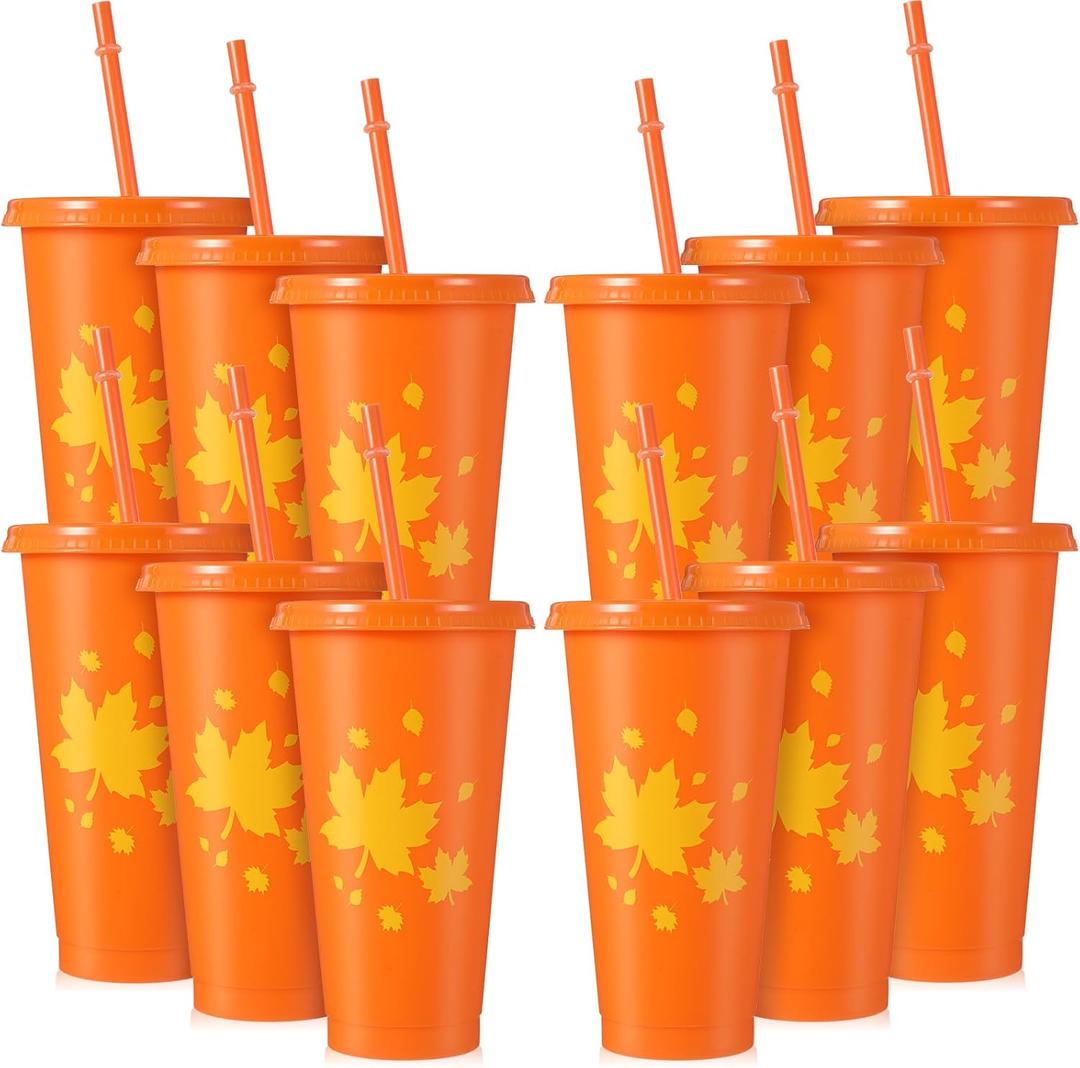 12 Pack Thanksgiving Reusable Cups with Lids and Straws 24 oz Autumn Plastic Tumblers Bulk Water Bottles Fall Plastic Cups for Coffee Drinks Beer Juice Thanksgiving Party Favors Supplies