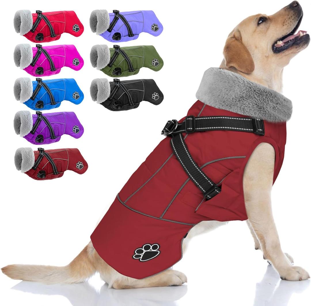 Doglay Dog Jacket Waterproof Dog Coat with Harness Built in, Christmas Puppy Winter Coat Reflective Turtleneck Puffer Snow Jackets for Small Medium Large Dogs (Red)