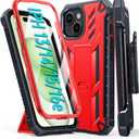 FNTCASE for iPhone 15 Phone Case: for iPhone 14 & 13 & 16e Case Military Shockproof Protective Rugged Cell Phone Cover with Kickstand & Belt-Clip Holster, Heavy Duty Hard Cases 5G - 6.1 Inch Red