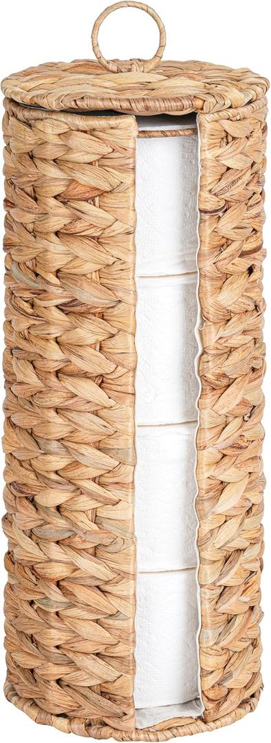 Tadacumir 4 Mega Rolls Extra Toilet Paper Storage with Lid and Liner, Water Hyacinth Ratten Toilet Paper Holder Basket Stand, Decorative Boho Covered Enclosed Toilet Tissue Organizer for Bathroom