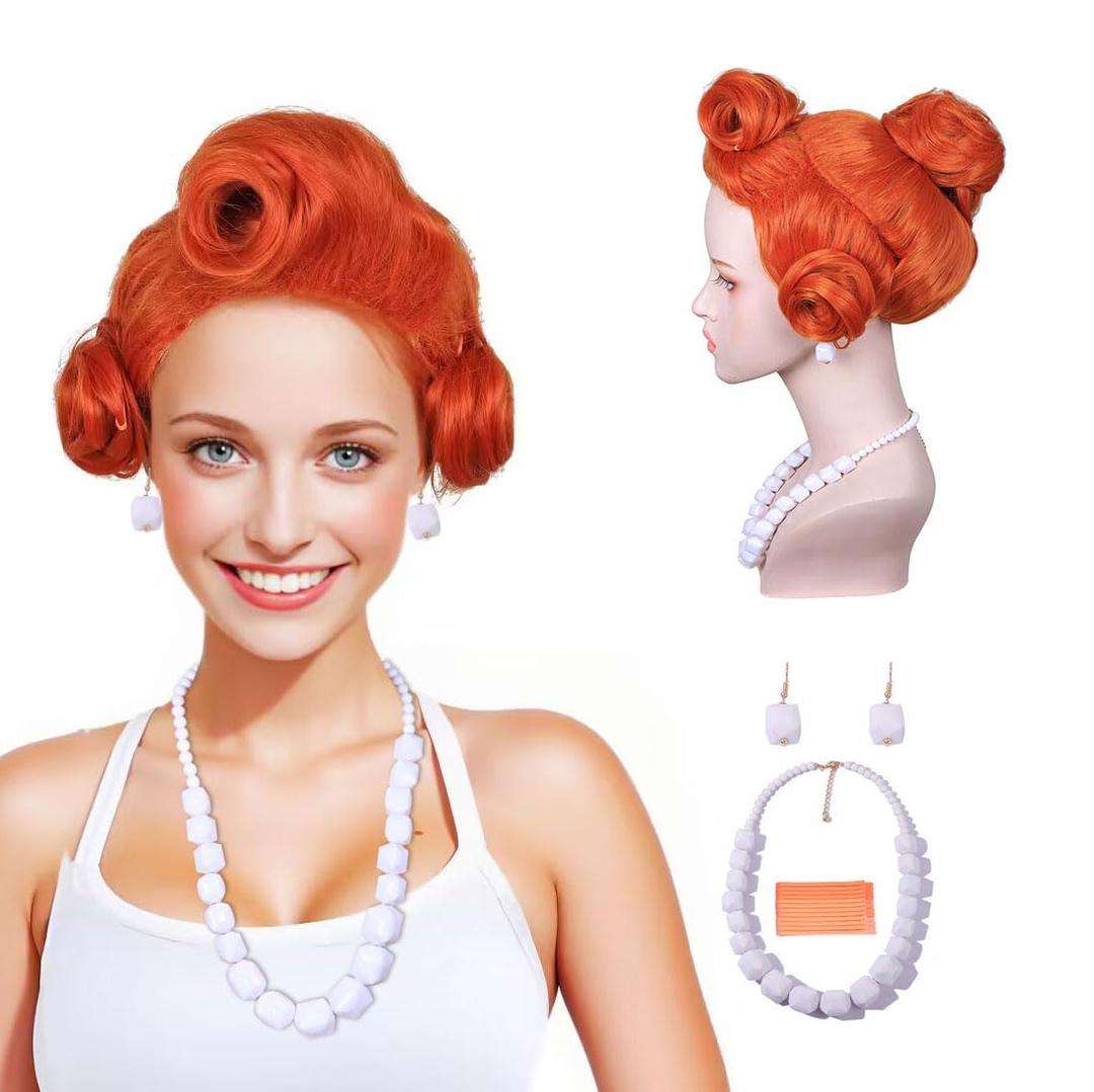 FantaLook Short Orange Cosplay Wig with Buns Earrings and Necklace for Women Halloween Costume