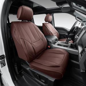 OASIS AUTO Custom Fit F150 Seat Covers for 2009-2014 Ford F-150 & 2011-2016 F-250 F-350 Super Duty (SuperCrew/Crew Cab), Full Set Premium Leatherette, Waterproof Truck Protectors (Brown)