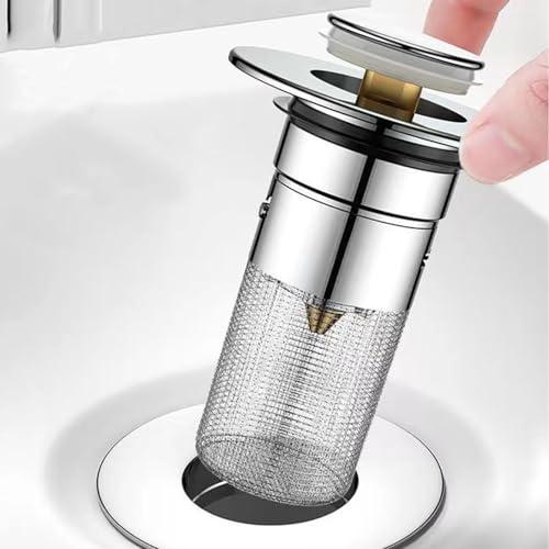 Basin Pop-Up Drain with Removable Filter – Copper Core Anti-Clogging Bathroom Sink Drain for Hair and Debris Filtering, Easy Clean Design