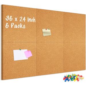 DOLLAR BOSS Cork Board Tiles, 6 Packs 12" x 12" 1/2" Thick Cork Bulletin Board Self Adhesive Corkboards for Walls with 60 Pushpins for Home Office Kitchen School Decor Display