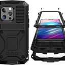 Compatible with iPhone 14 Metal Case with Screen Protector Camera Protector Military Rugged Heavy Duty Shockproof Case with Metal Kickstand Full Body Tough Dustproof Case (Black)
