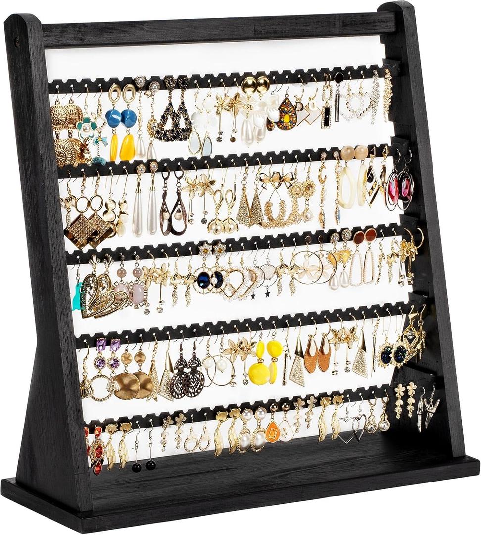 Earring Holder Organizer, Rustic Wood Earring Holder Stand, 5 Layer Jewelry Holder Organizer with 270 Earring Tree Holes Display Rack for Stud Earings & Hoop Earrings, Gifts for Women (Weathered Black)