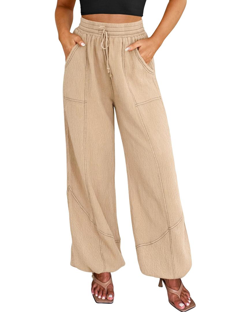 Bsubseach Women's Wide Leg Pants Drawstring High Waist Baggy Palazzo Pants Casual Lounge Trousers with Pockets Khaki (Beige, XXL)