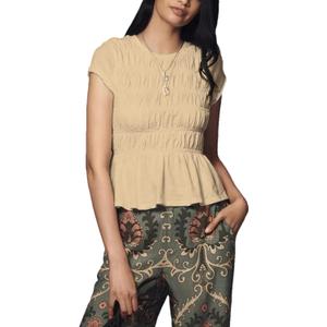 Megfie Peplum Babydoll Tops for Women Summer Going Out Top Casual Crew Neck Flowy Loose Fit Tunic Shirts Cute Blouses (Beige, M)