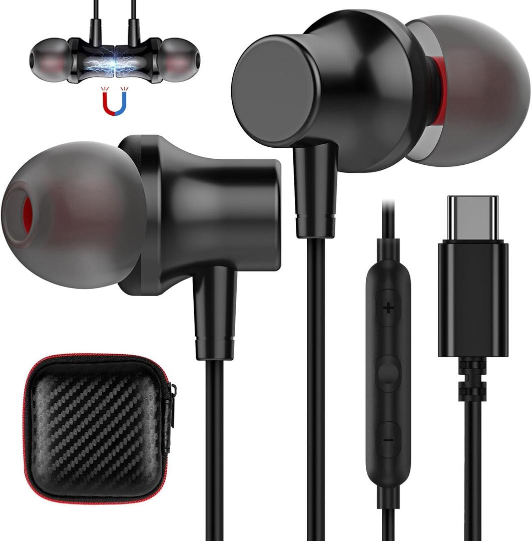 USB C Headphone,COOYA Type C Wired Earbuds Magnetic Bass Noise Canceling In-Ear Earphones+Mic for iPhone 17 16 15 Pro Max iPad 10 Pixel 9 8 for Samsung Galaxy S25 Ultra S24 S23 A16 A56 for OnePlus 13