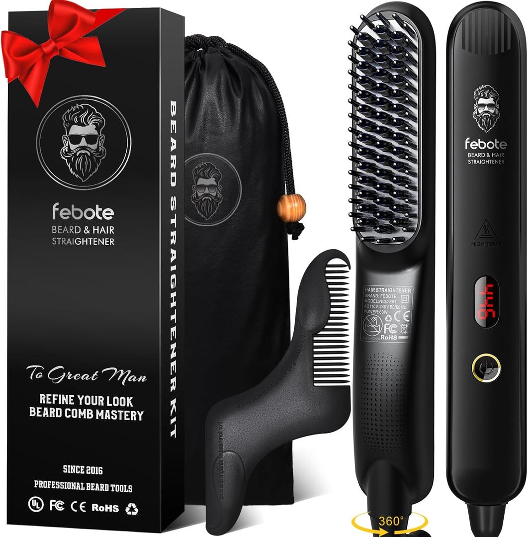 Heated Ionic Hair Straightening Brush for Men - 5 Temperature Settings, Anti-Scald, Beard Shaper & Travel Bag