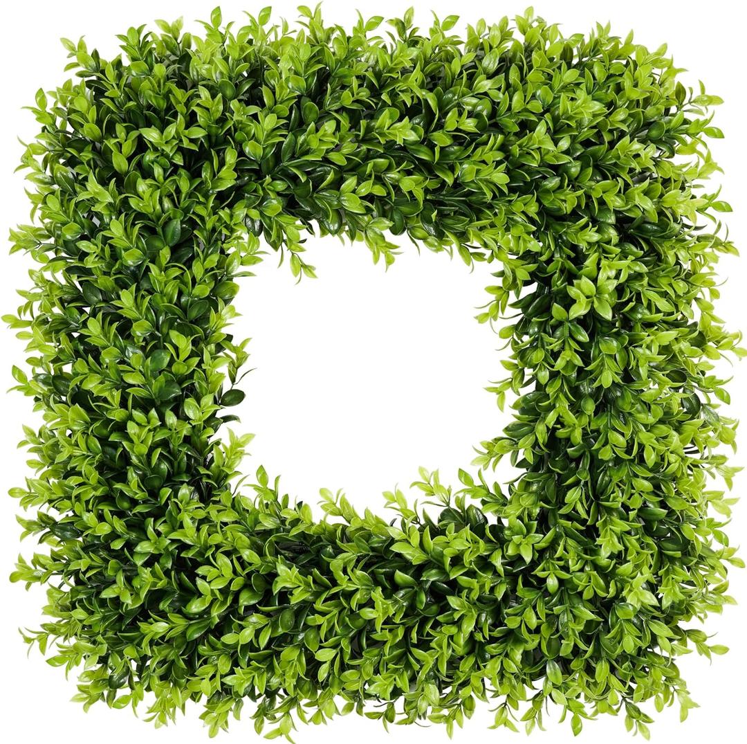 24 Inch Large Square Boxwood Wreath Spring Summer Artificial Green Wreaths for Front Door Farmhous Wedding Window Hanging Wall All Year Round Indoor & Outdoor St Patrick's Day Decor