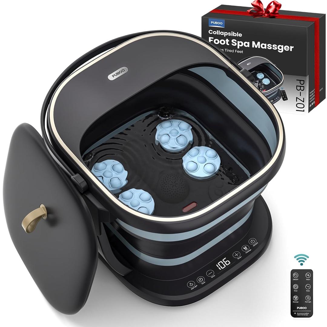 Puboo Collapsible Foot Spa Bath Massager with Heat, 95-115F Precise Temp Control, Motorized Massage Rollers, Heated Foot Bath Soak Tub, Fits US Mens Size 11, Gift for Christmas, Thanksgiving (Dark Blue)