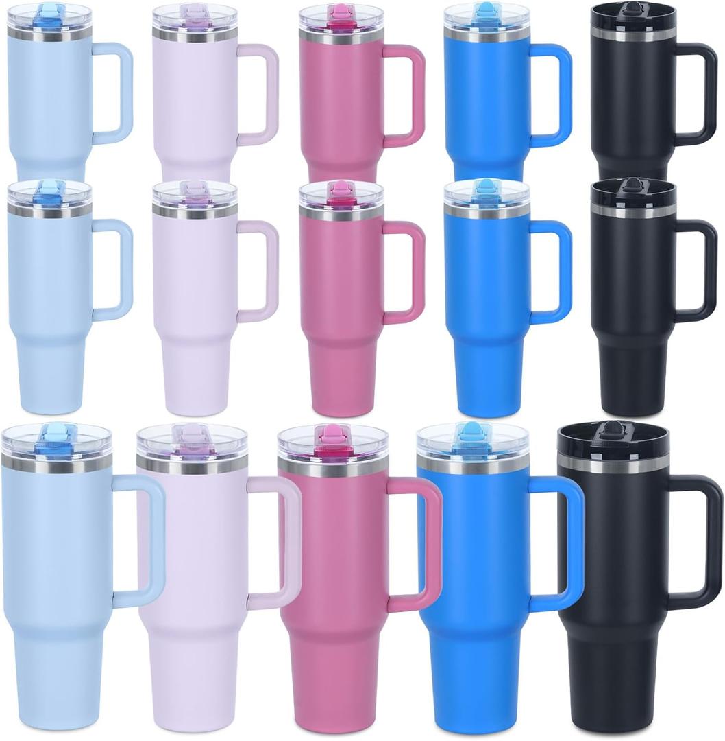 15 Pack 40 oz Tumbler with Handle Bulk and Detachable Leak proof Flip Straw Lid, Double Wall Vacuum Insulated Stainless Steel Tumbler for Laser engraving, Keep Cold and Hot, Mixed-1 (Cream,Rose Quartz,Purple,Black,Hot Pink)