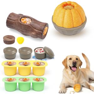 Durable Dog Puzzle Toy for Medium/Large Dogs  Interactive Chew Toy with Frozen Treat Molds & Peanut Butter Grooves, Treat Dispensing Enrichment Toy  Interactive Chew Toy to Keep Dogs Busy (Yellow Brown)
