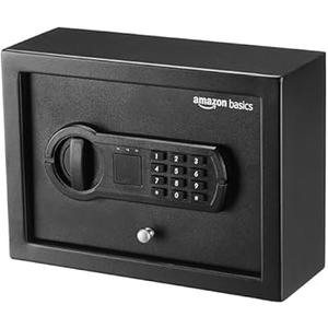 Amazon Basics Small Slim Desk Drawer Security Safe with Programmable Electronic Keypad, Secure Quick Access, 0.1 Cubic Feet, Black, 11.8"W x 8.6"D x 4.4"H