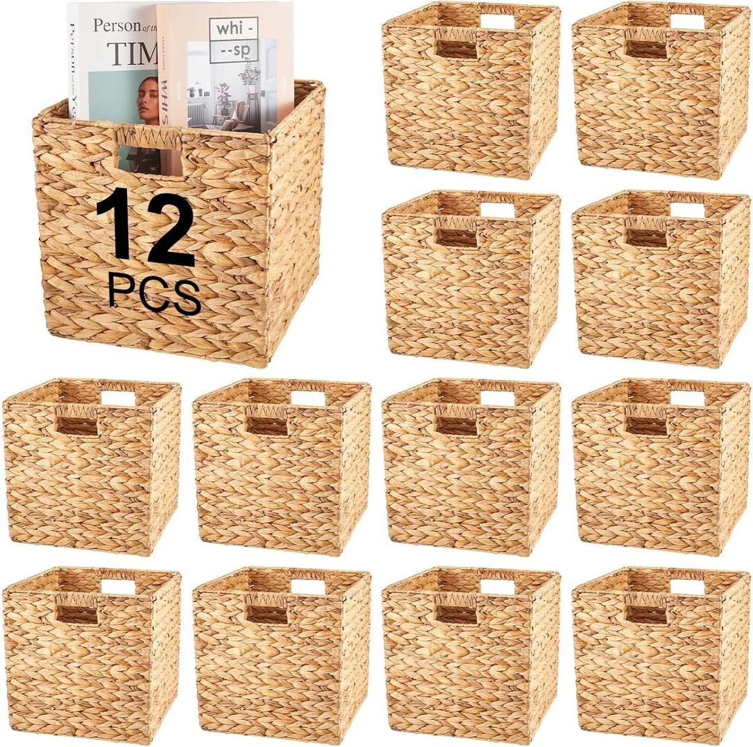 Jinei 12 Pcs Wicker Storage Basket Bulk Handwoven Water Hyacinth Cube Bin with Handles Woven Laundry for Organizer Shelves(10 x 10 x 10 Inch,Wood Color)