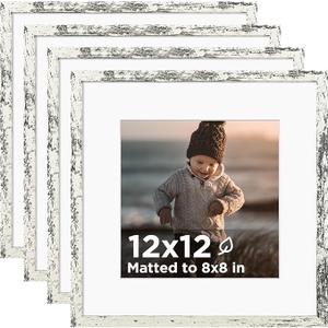 KINLINK 12x12 Picture Frame Black Set of 4, Wooden Square Photo Frames Matted 8x8 with Plexiglass for 8x8 with Mat or 12x12 without Mat for Table and Wall Display