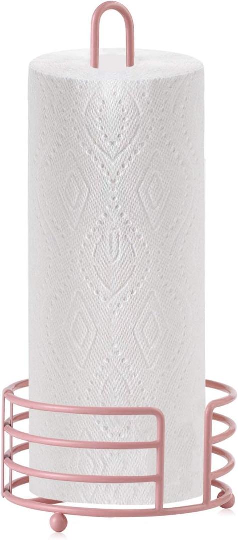 Buruis Paper Towel Holder for Countertop, Metal Standing Paper Towel Dispenser with U-Shape Handle and Stable Base, Pink (Large)