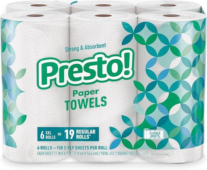 Presto! Flex-a-Size Paper Towels, 158 Sheet Huge roll, 6 Rolls, Equivalent to 19 Regular Rolls, White