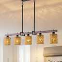 5-Light harmhouse Kitchen Island Light Fixture, Linear Chandelier for Dining Room, 5-Light Rustic Pendant Light Over Table, Handmade Woven Farmhouse Wicker Chandelier, 30x15x30 inches