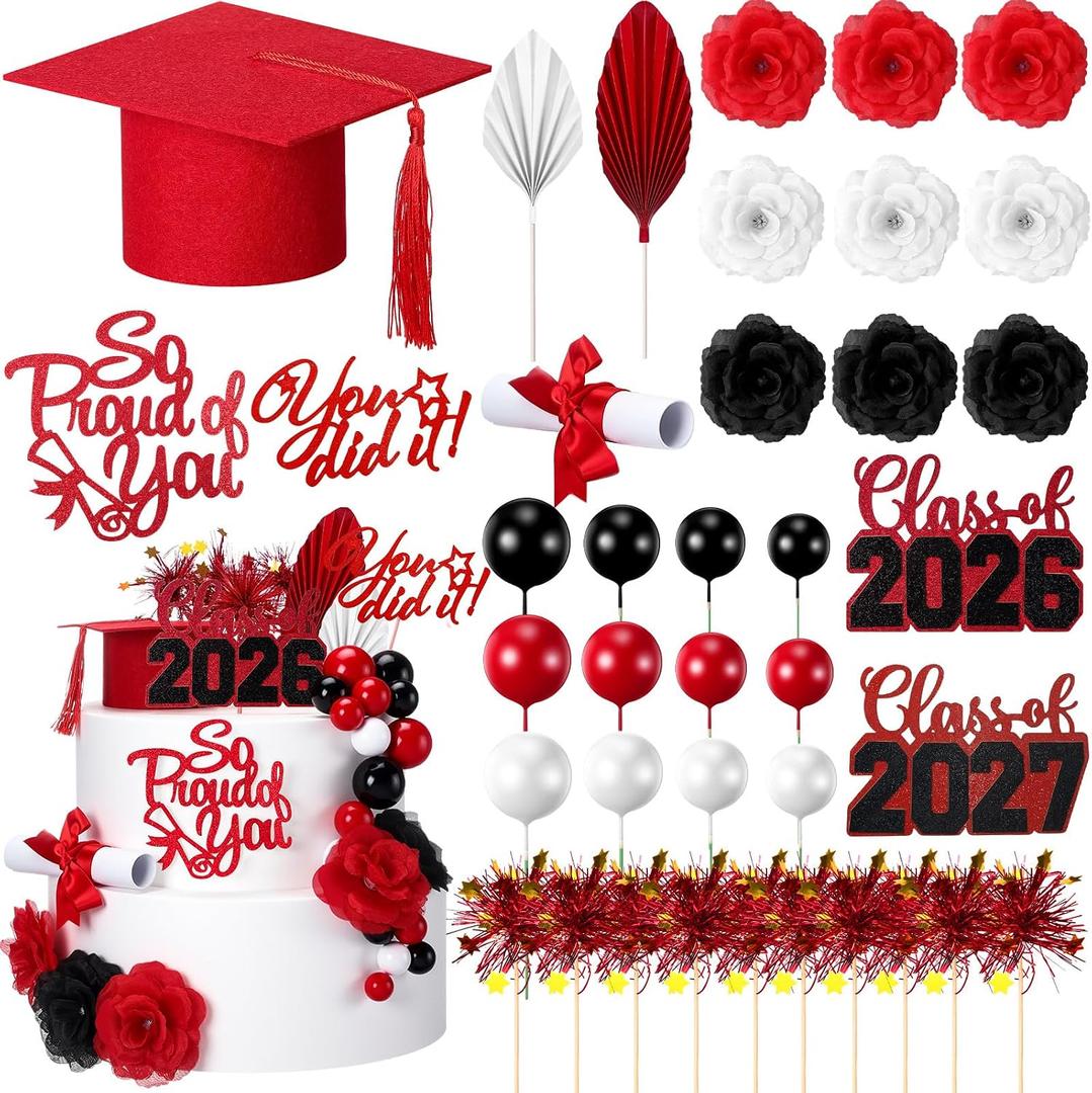 Sureio 48 Pcs Graduation Cake Toppers Class of 2026 Congrats Grad Cake Decor Graduation Cap Diploma Artificial Flower Card Ball Palm Leaves Firework Stick Kit for Theme Party Supplies(Red, White)