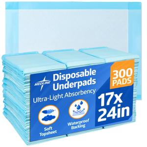 Medline Light Absorbency Underpad, 17" x 24", 300 Count, Disposable Chucks, Bed, Furniture & Surface Protection, For Kids, Adults, Elderly, Puppy Pad, Changing Pad, Incontinence Pee Pad (25 Count (Pack of 12))
