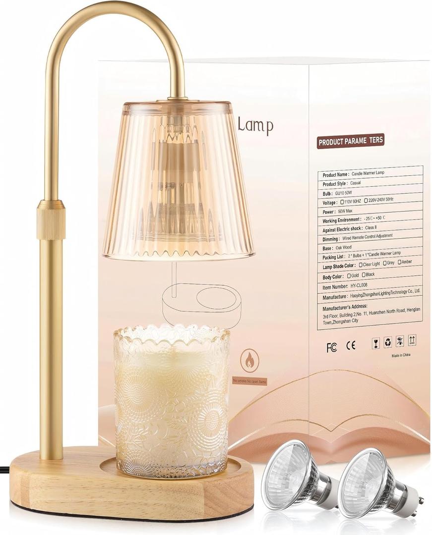Adjustable Candle Warmer Lamp with Timer - Electric Light Wax Warming Dimmable Flameless Top Melter Heater Melting Heating Height Small Jar Candles Gifts Women Mom Birthday Home Desk Modern Decor (Amber)