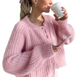VDWIP Womens Cardigan Sweaters Button Down Chunky Knit Sweater Fall Loose Long Sleeve Cropped Cardigan(Pink-S)