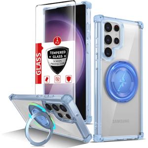for Samsung Galaxy S23 Ultra Case Compatible Wireless Charging Magnetic,with Screen Protector,for S23Ultra Phone Case with 360Stand Ring Military Grade Shockproof Heavy Duty Protection Blue
