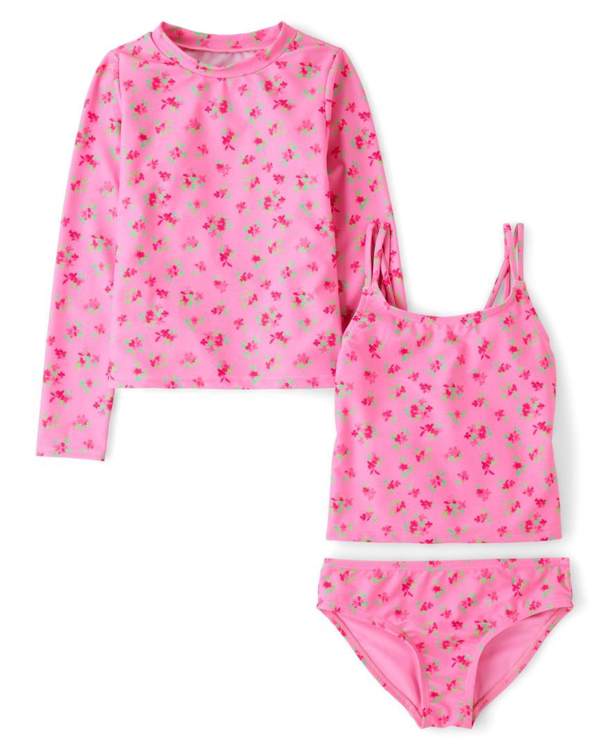 The Children's Place,Girls,Rashguard and Swimsuit Set,Neon Pink 3-Piece,Large
