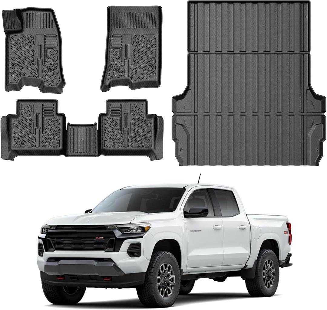 Mixsuper Floor Mats for 2023-2026 Chevrolet Colorado/GMC Canyon Crew Cab (Only for 5FT Bed), All Weather Truck Bed Liner and 2 Row Floor Liners Accessories Set Black