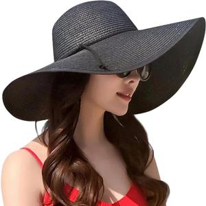 Lanzom Womens Wide Brim Straw Hat Big Floppy Foldable Roll up Cap Beach Sun Hat UPF 50+ (One Size, Twine-black)