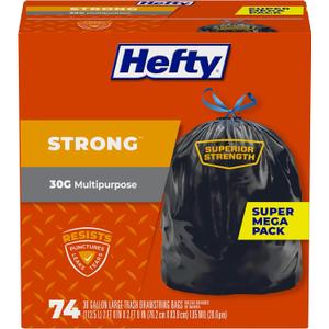 Hefty Strong Large Trash Bags, Black, 30 Gallon, 74 Count
