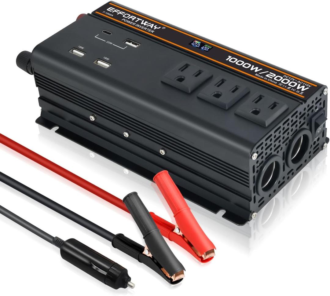 1000 watt Power Inverter for Vehicles 12V to 110V/120V Converter 2000 watt Peak with 3 AC Out, 3 USB,Type-C Charger,and Cigarette Lighter Ports for Smartphones Laptops Tablets
