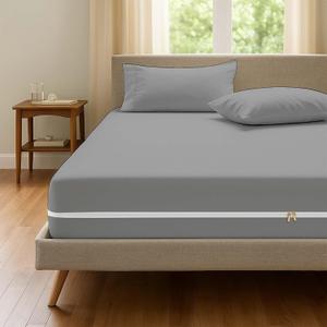 Zipper Fitted Bottom Sheet King-15 Inch Deep Pocket, 1800 TC Microfiber, Wrinkle-Free, Breathable & Secure Fit Fitted Style Mattress Cover Light Grey Solid