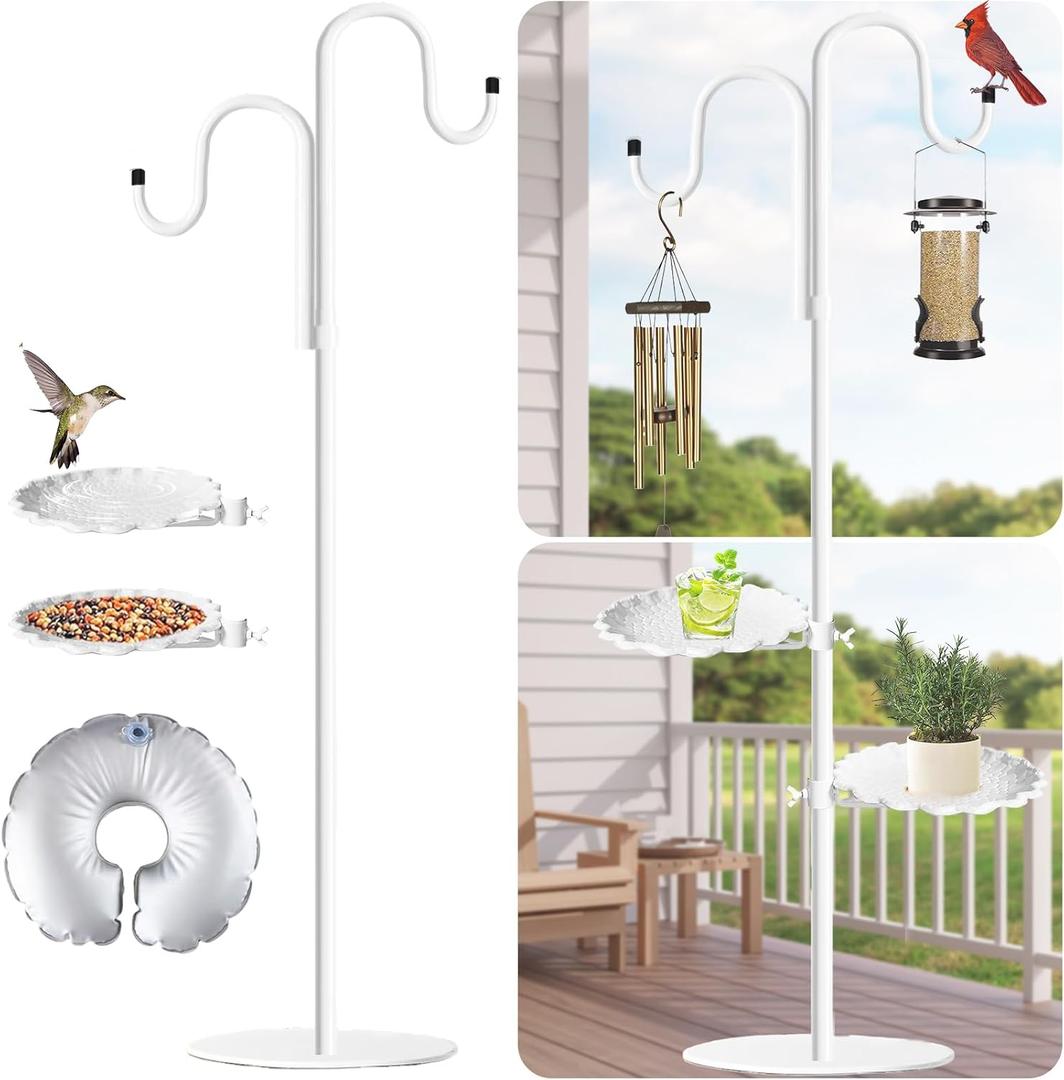 Upgraded 74" Shepherd's Hook Stand PlantBird FeederWhite Wind Chime Hanger Stand, Waterproof Metal & Adjustable-Height Standing Pole Holder for Wreath, Indoor & Outdoor2 Placement Racks