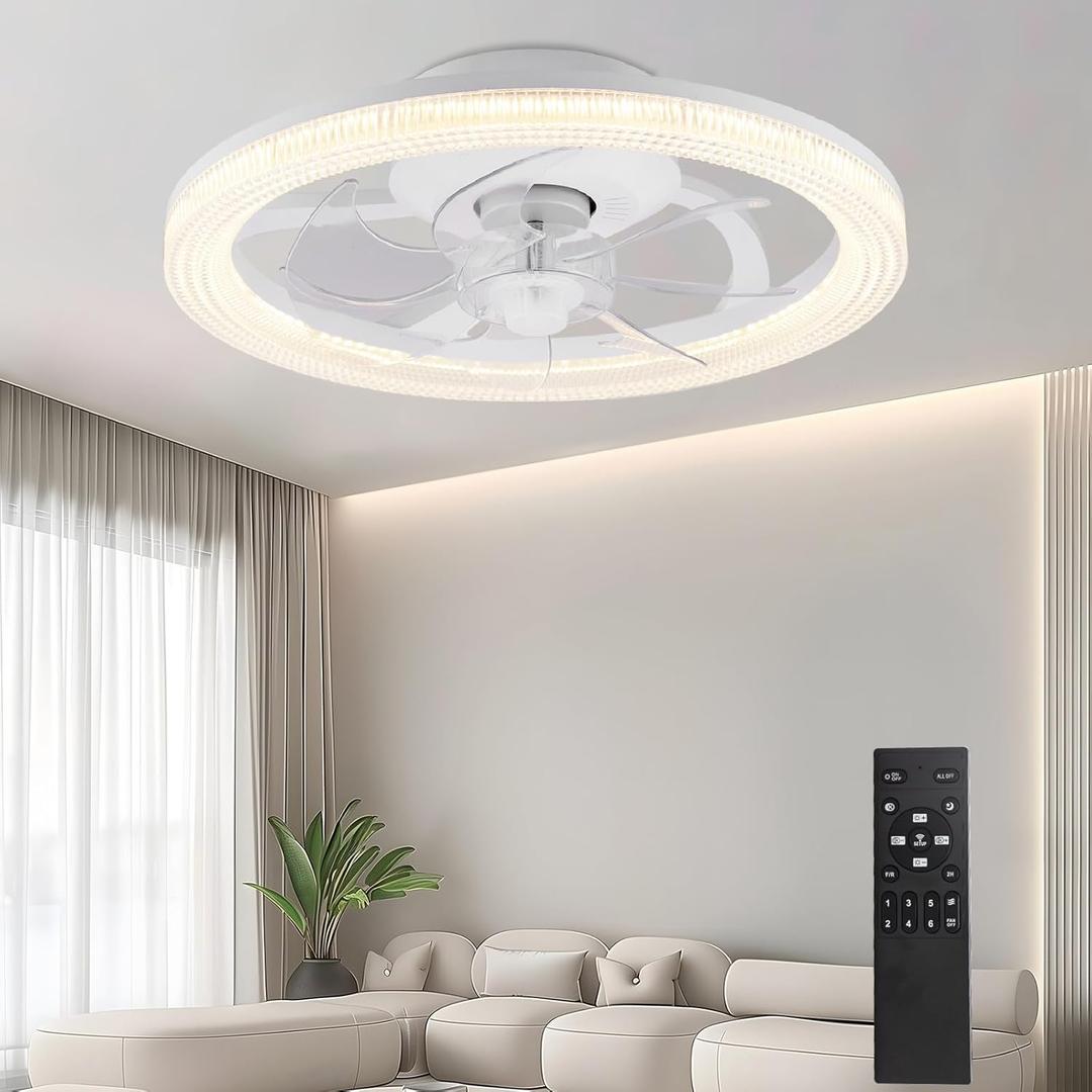 Ceiling Fans with Lights and Remote, 15.7"Flush Mount Ceiling Fan, 6Wind Speeds Low Profile Ceiling Fan with Light, Dimmable LED Fan Light, Modern Smart Leafless Ceiling Fan for Bedroom(White)