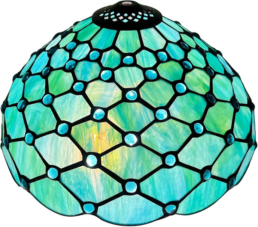 Capulina Tiffany Lamp Shade 12 Inches Wide Accessories Replacement Seagrass Blue Beads Style Stained Glass Lampshade for Table Lamp