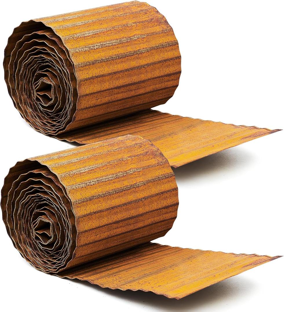 Sasylvia 2 Rolls 10" x 20' (Total 40ft) Corrugated Metal Garden Edging Landscape Border Sturdy Lawn Edging Bendable Metal Long Strips for Vegetable Fence Raised Flower Bed Tree Surrounds (Rust)