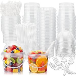 50 Pcs Bucket Cups Bulk Reusable Plastic Drink Buckets with Lids Dome Forks and Straws 24 oz Ice Cream Freezer Food Storage Containers for Popcorn Pail Outdoor Travel Beverage Party Picnic