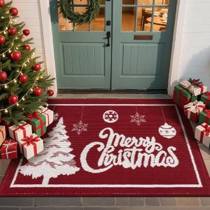 MJIAIDEA Christmas Doormat with Non Slip, Loop Pile Red and White Indoor Christmas Welcome Mat with Absorbent & Dirt-Trapping, Outdoor Christmas Tree Door Mat Front Porch Decor 32x48 Inch