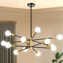 Sputnik Chandelier 12-Light, Mid Century Modern Height Adjustable Ceiling Light Fixture for Dining Room, Kitchen Island, Living Room,Bedroom-Black and Gold