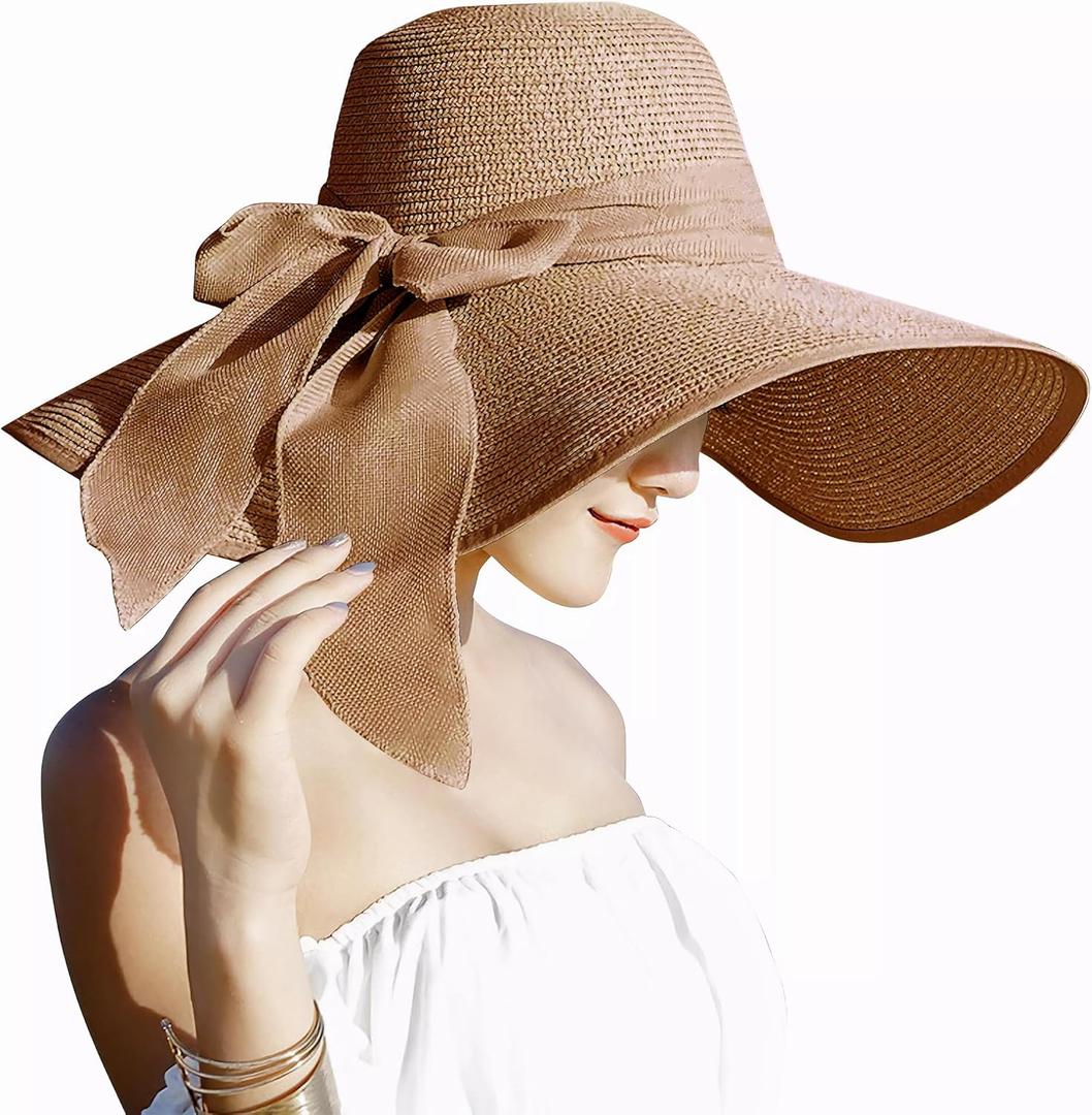 Lanzom Womens 5.7 Inches Big Bowknot Straw Hat Large Floppy Foldable Roll up Beach Cap Sun Hat UPF 50+ (One Size, Khaki)