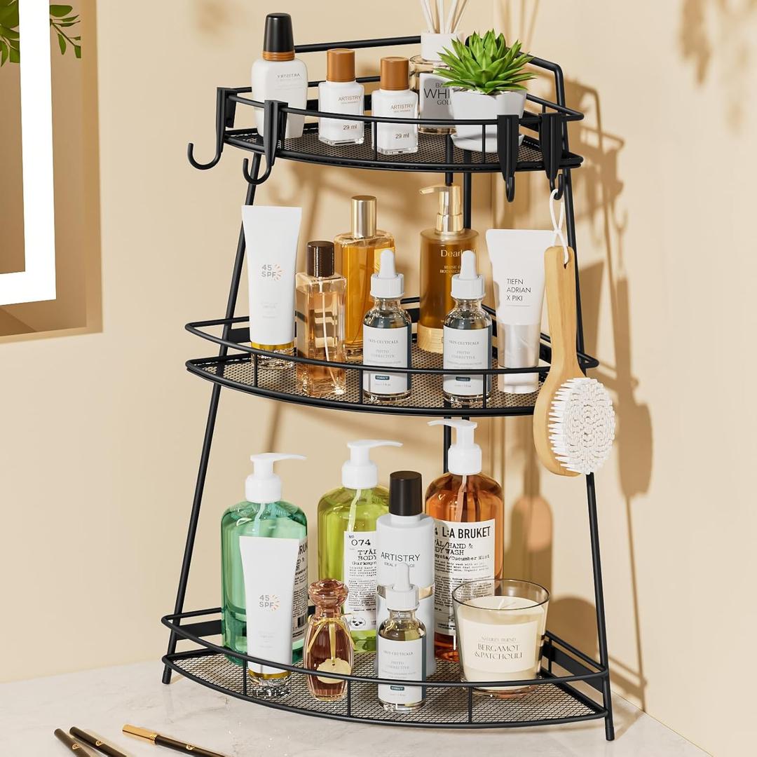 VITVITI 3 Tier Corner Bathroom Counter Organizer, Metal Bathroom Countertop Organizer Shelf Storage, Bath Room Sink Makeup Organizers for Vanity Skincare with Hooks, Black