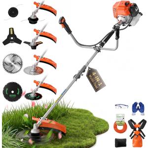 52cc Gas Weed Eater, 4-in-1 Weed Wacker Brush Cutter, Orange | aluminum alloy shaft, 18 in path, 0.095 in line, gloves goggles oil bottle tool kit, 3T 40T wood blade