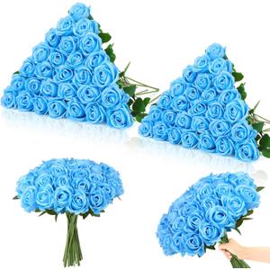 80 Pcs Roses Artificial Flowers, Silk Sky Blue Artificial Flowers Petals Long Stem Roses for Wedding Bouquet Home Party Decor