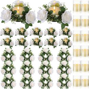 Yunlly Artificial Rose Candle Rings Wreaths 3 Inch Wedding Centerpiece LED Flameless Candles Eucalyptus Rings for Centerpiece for Tables Party Valentine Mother's Day Decoration(White,12 Pcs)