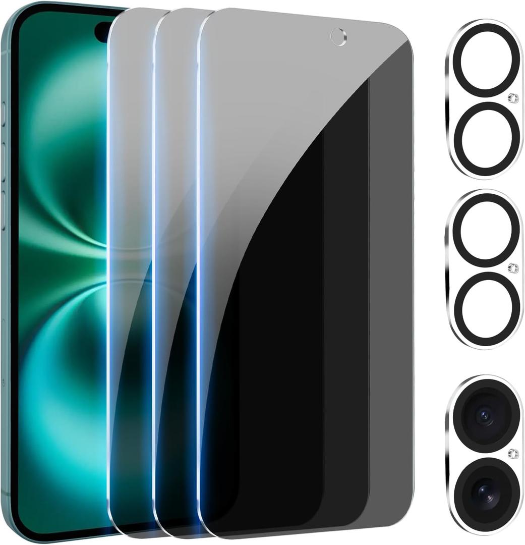 PEHAEL [3+3Pack] for iPhone 16 Privacy Screen Protector with Camera Lens Protector Full Coverage Anti-Spy Tempered Glass Film 9H Hardness Upgrade Edge Protection Easy Installation Bubble Free [6.1 inch]