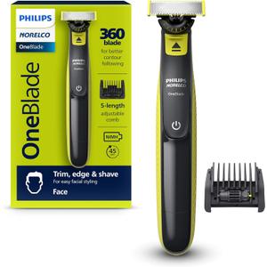 Philips Norelco OneBlade 360 Hybrid Face, Electric Beard Trimmer and Shaver, with 360 Blade Technology, 1x 360 Blade for Face, 5in1 Adjustable Comb, Model QP2724/90 (Black & Lime Green)